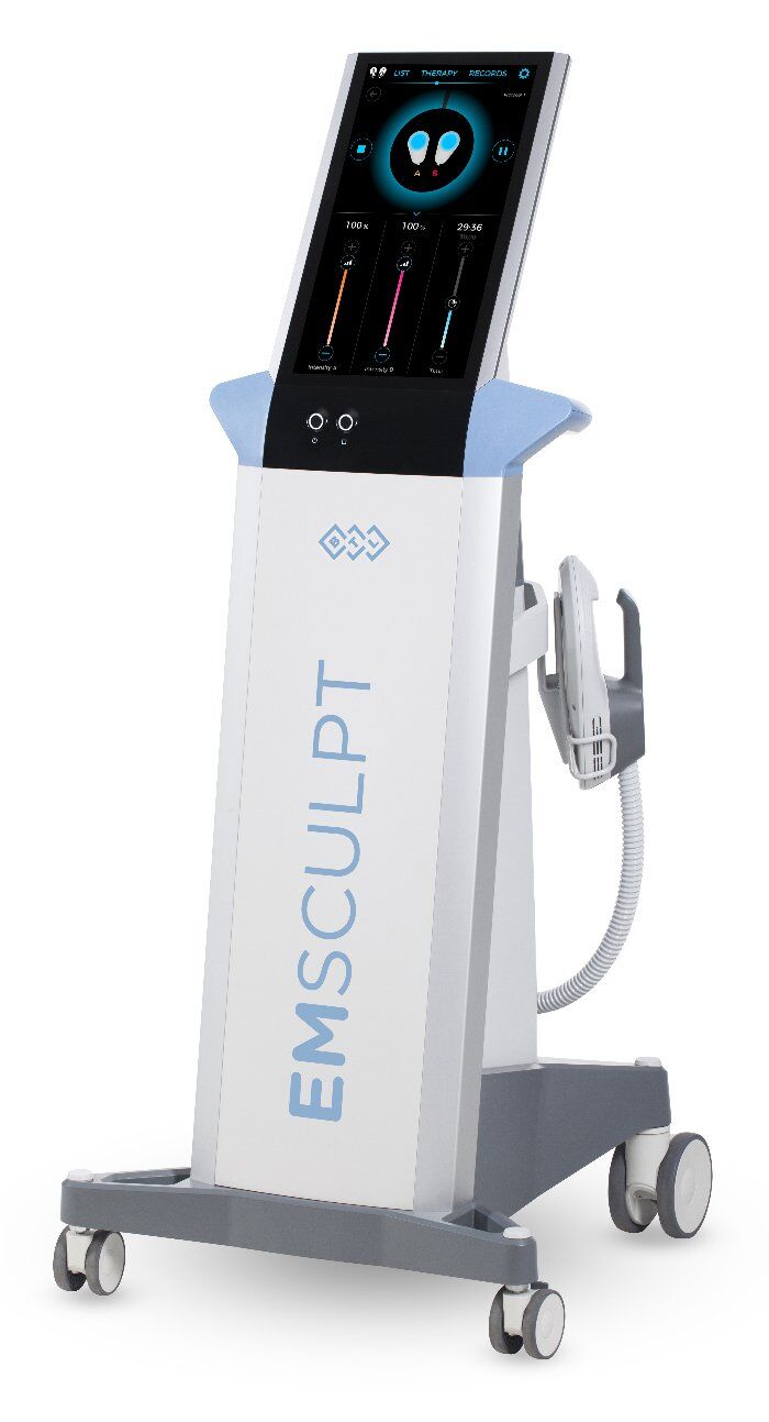 Apparecchio BTL Emsculpt con due applicatori HIFEM per la tonificazione muscolare, studio Biofisiomed Milano